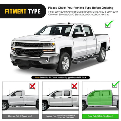 2007 2008 2009 2010 2011 2012 2013 2014 2015 2016 2017 2018 Chevy Silverado/GMC Sierra 1500 Crew Cab 2007-2019 Chevy Silverado/GMC Sierra 2500HD 3500HD 6 Inch Slip-Proof Stainless Steel Side Step Nerf Bars Running Boards