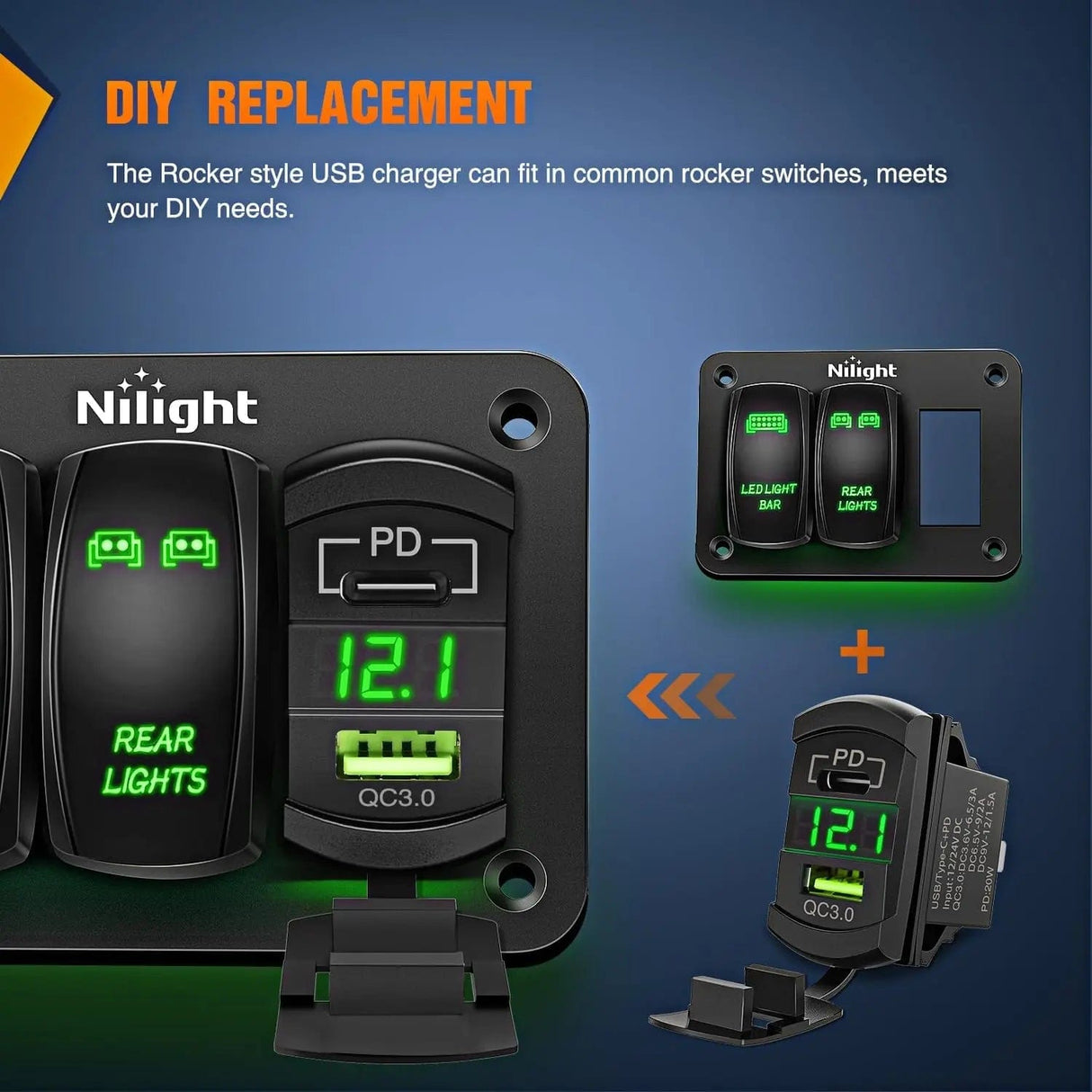 Rocker Switch Green Rocker Switch Style Charger PD Type C QC 3.0 USB