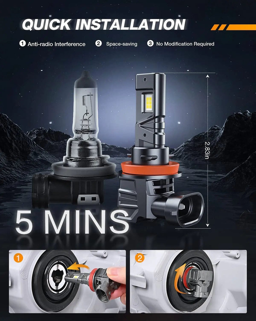 LED Headlight H11/H9/H8 LED Headlight Bulbs ES1 Series 80W 16000LM 6000K IP67 | 2 BULBS