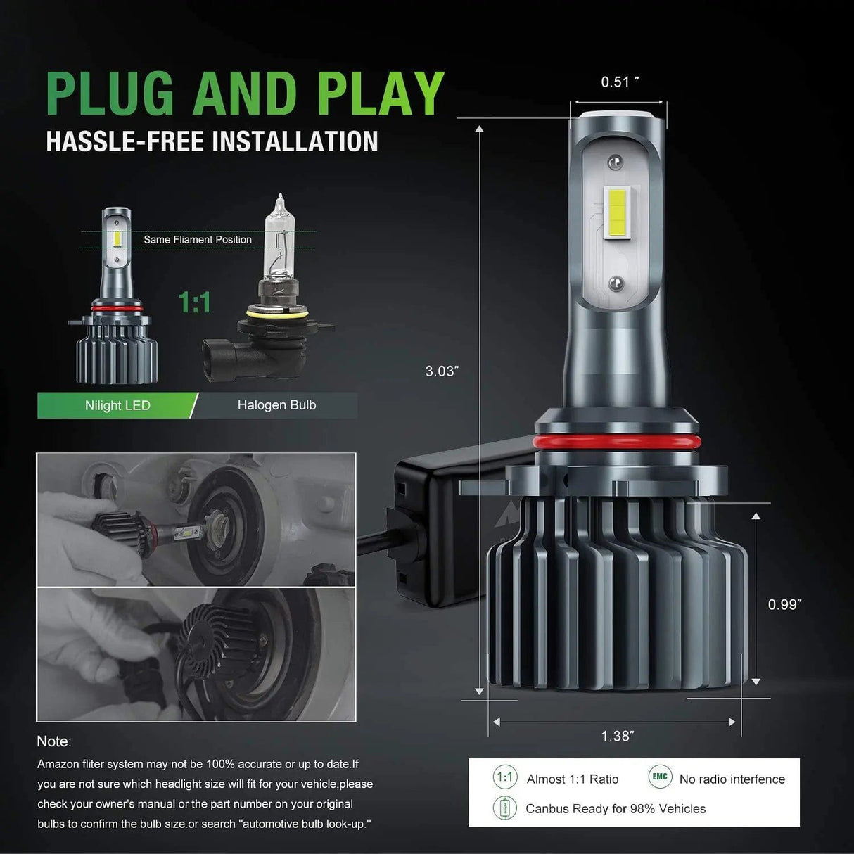 LED Headlight 2-Pack 9012/HIR2 Projector LED Headlight Bulbs, 60W 10000LM 6000K Cool White CSP LED Headlight Conversion Kit Super Bright Auto High Low Beam Light Bulbs