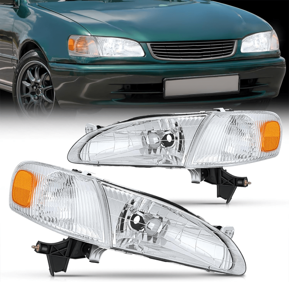 1998-2000 Toyota Corolla Headlight Assembly Chrome Housing Amber Reflector Upgraded Clear Lens Nilight