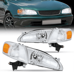 1998-2000 Toyota Corolla Headlight Assembly Chrome Housing Amber Reflector Upgraded Clear Lens