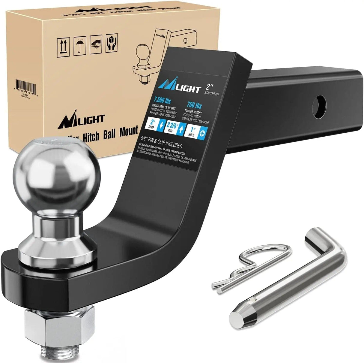 Trailer Hitch Hitch Ball Mount with 2 Inch Ball (2 Inch Shank, 7500 lbs, 4 Inch Drop)