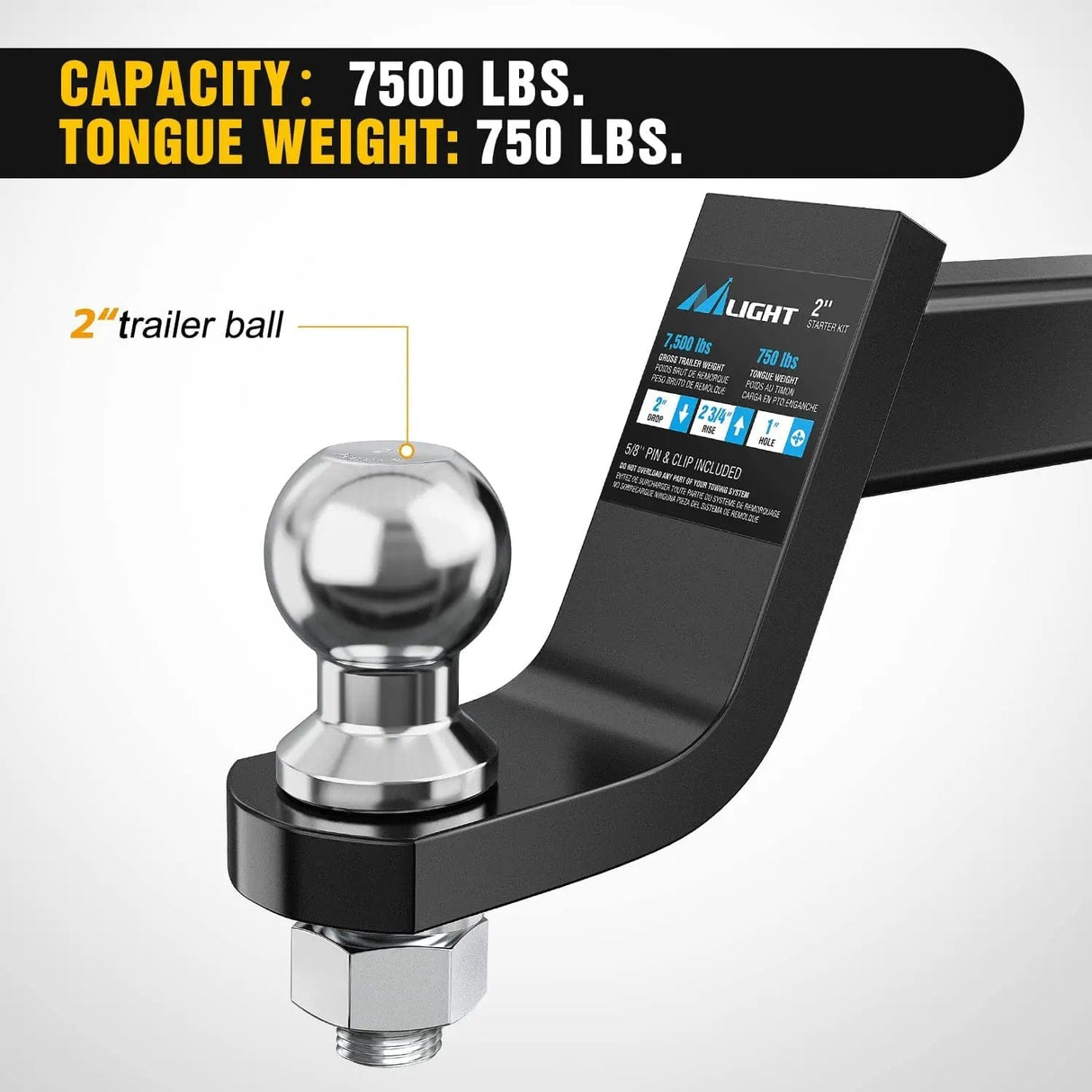 Trailer Hitch Hitch Ball Mount with 2 Inch Ball (2 Inch Shank, 7500 lbs, 4 Inch Drop)