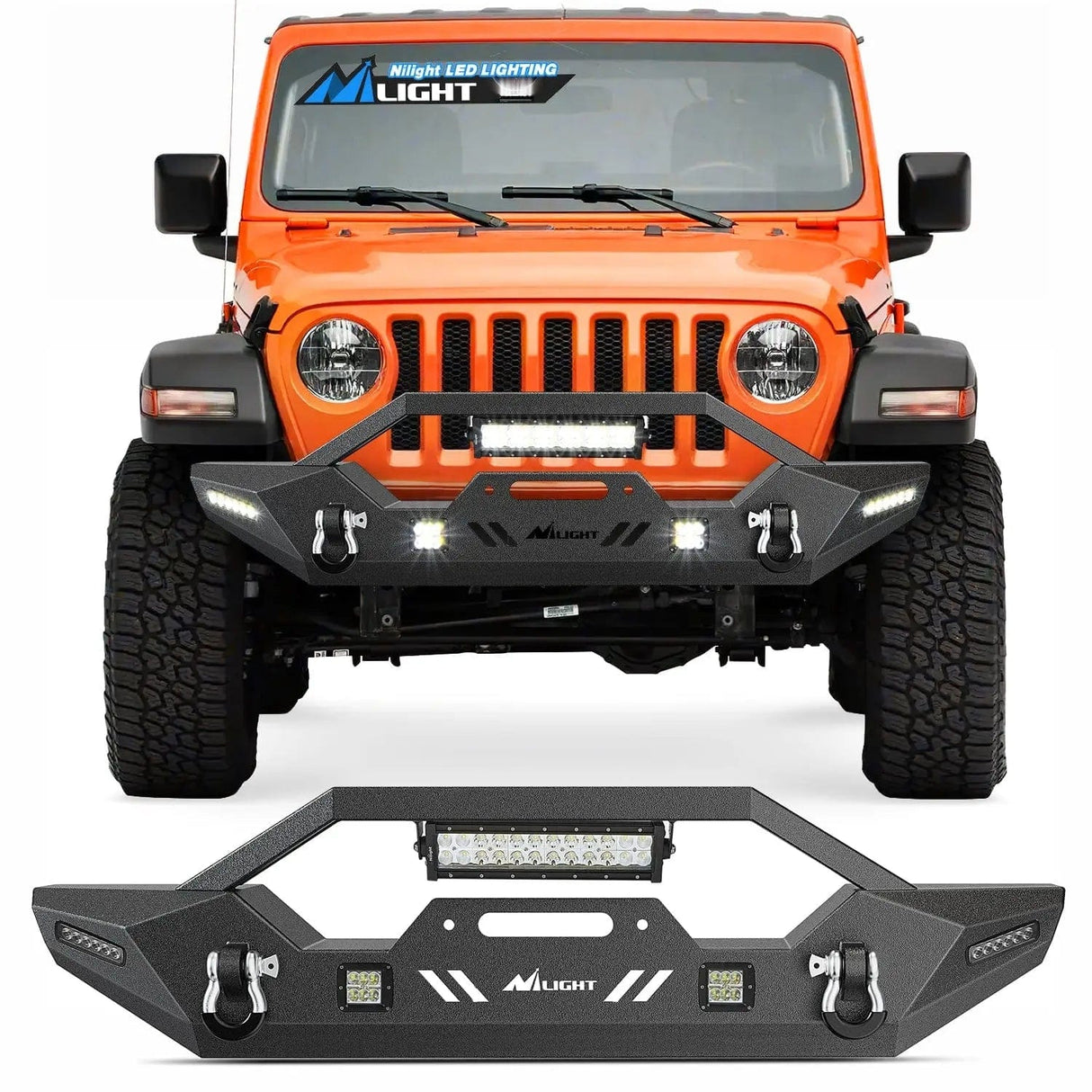 Front Bumper 2007 2008 2009 2010 2011 2012 2013 2014 2015 2016 2017 2018 Jeep Wrangler JK/JKU 2018-2025 JL/JLU 2020 2021 2022 2023 20024 2025 Gladiator JT Front Bumper with 72W LED Light Bar 2Pcs 18W Light Pod 2Pcs 18W Single Row Work Light Winch Plate