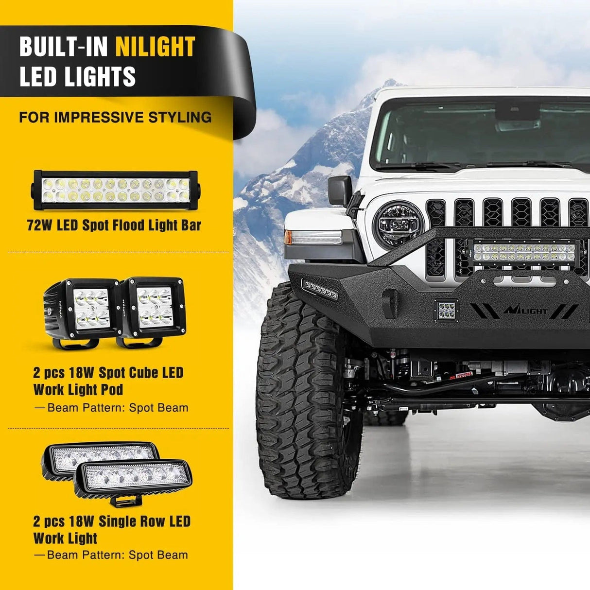 Front Bumper 2007 2008 2009 2010 2011 2012 2013 2014 2015 2016 2017 2018 Jeep Wrangler JK/JKU 2018-2025 JL/JLU 2020 2021 2022 2023 20024 2025 Gladiator JT Front Bumper with 72W LED Light Bar 2Pcs 18W Light Pod 2Pcs 18W Single Row Work Light Winch Plate