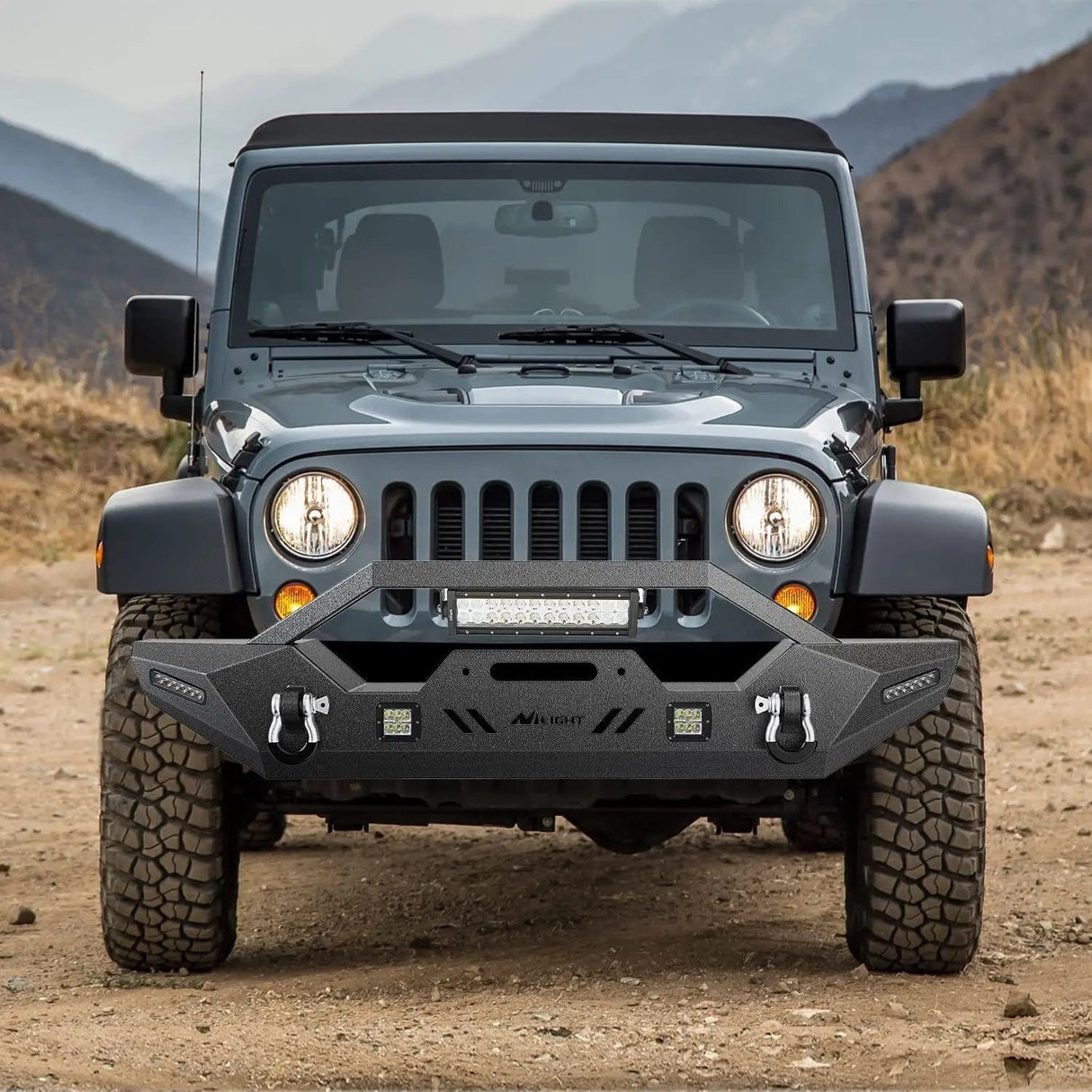 Front Bumper 2007 2008 2009 2010 2011 2012 2013 2014 2015 2016 2017 2018 Jeep Wrangler JK/JKU 2018-2025 JL/JLU 2020 2021 2022 2023 20024 2025 Gladiator JT Front Bumper with 72W LED Light Bar 2Pcs 18W Light Pod 2Pcs 18W Single Row Work Light Winch Plate
