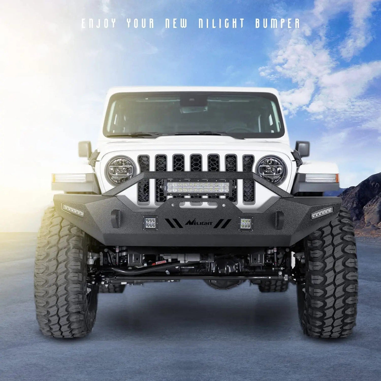 Front Bumper 2007 2008 2009 2010 2011 2012 2013 2014 2015 2016 2017 2018 Jeep Wrangler JK/JKU 2018-2025 JL/JLU 2020 2021 2022 2023 20024 2025 Gladiator JT Front Bumper with 72W LED Light Bar 2Pcs 18W Light Pod 2Pcs 18W Single Row Work Light Winch Plate