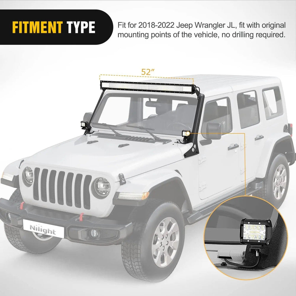 Mounting Accessory 52 Inch LightBar and Light Pods Windshield Frame A-Pillar Mounts for 2018 2019 2020 2021 2022 2023 2024 Jeep Wrangler JL/JLU Gladiator JT
