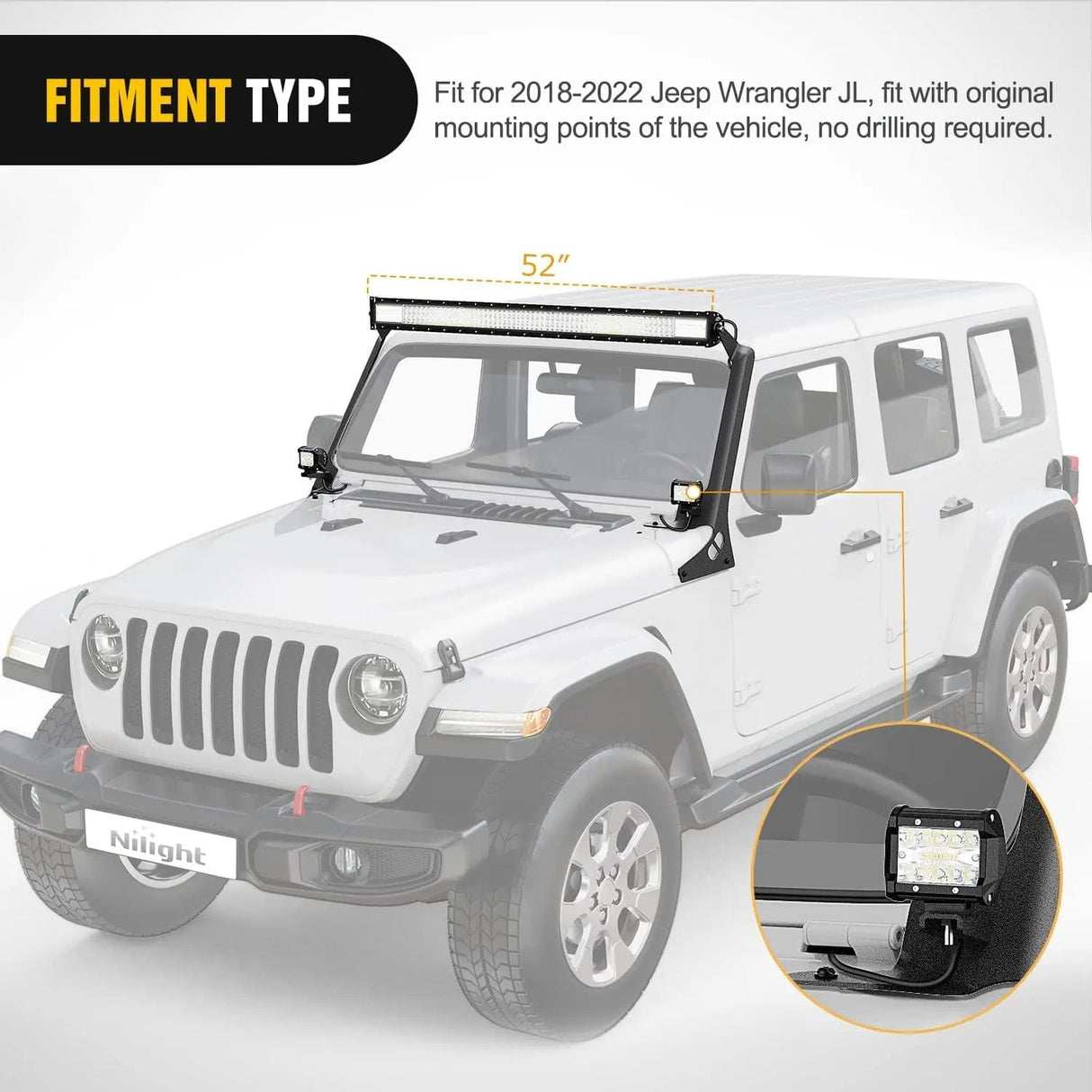 Mounting Accessory 52 Inch LightBar and Light Pods Windshield Frame A-Pillar Mounts for 2018 2019 2020 2021 2022 2023 2024 Jeep Wrangler JL/JLU Gladiator JT