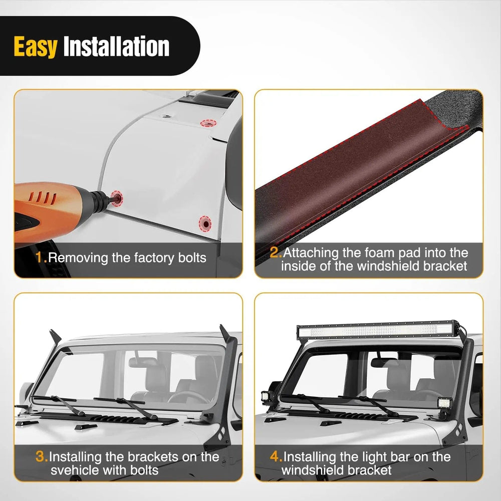 Mounting Accessory 52 Inch LightBar and Light Pods Windshield Frame A-Pillar Mounts for 2018 2019 2020 2021 2022 2023 2024 Jeep Wrangler JL/JLU Gladiator JT