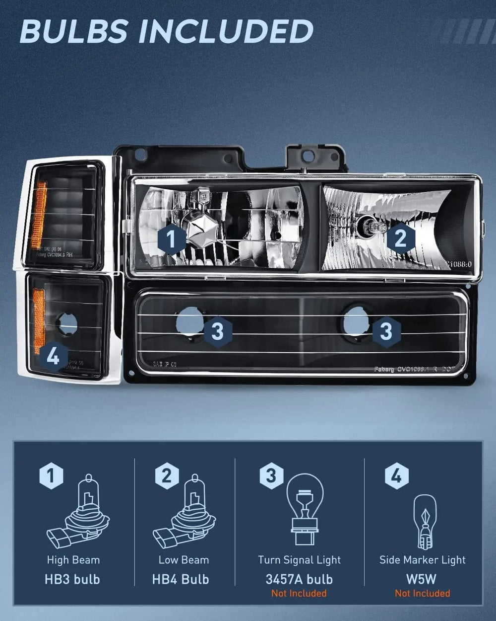 Headlight Assembly 1994 1995 1996 1997 1998 Chevy Silverado Tahoe Suburban C10 C/K 1500 2500 3500 Headlight Assembly Black Case Amber Reflector