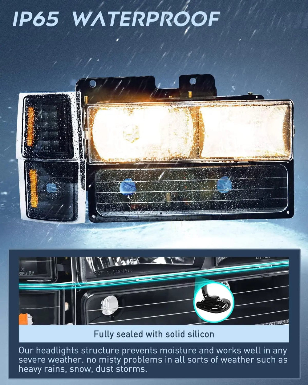 Headlight Assembly 1994 1995 1996 1997 1998 Chevy Silverado Tahoe Suburban C10 C/K 1500 2500 3500 Headlight Assembly Black Case Amber Reflector