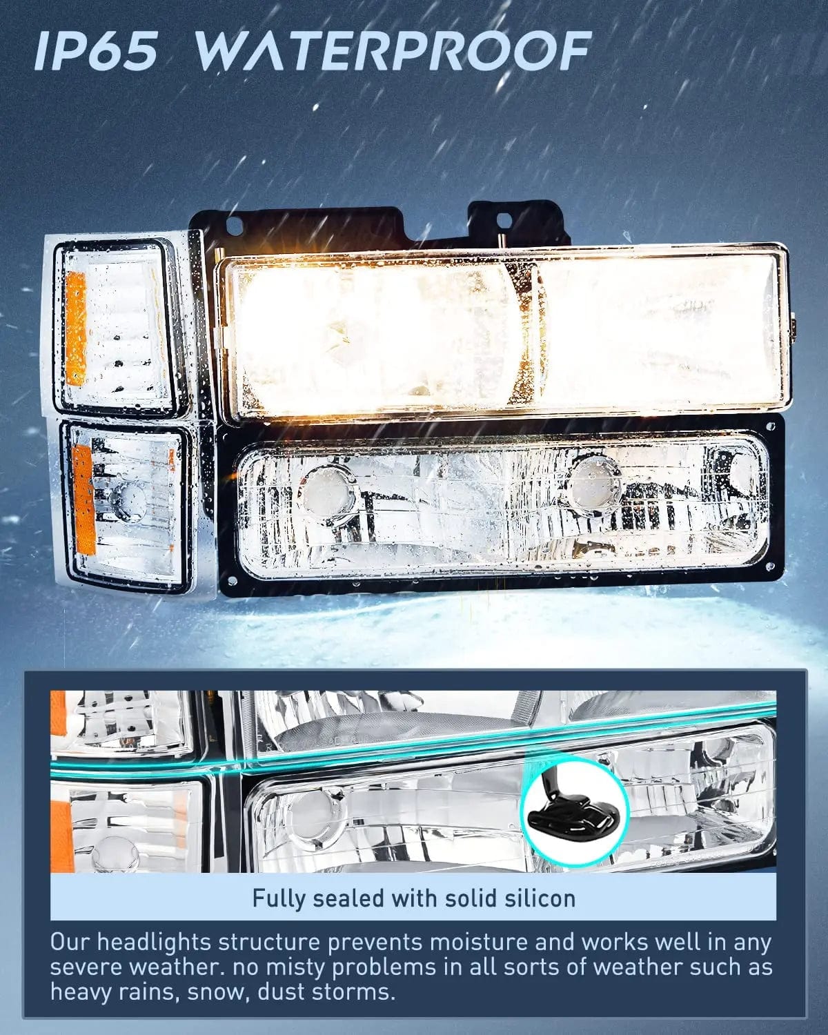 LED Headlight 1994 1995 1996 1997 1998 Chevy Silverado Tahoe Suburban C10 C/K 1500 2500 3500 Headlight Assembly Chrome Case Amber Reflector