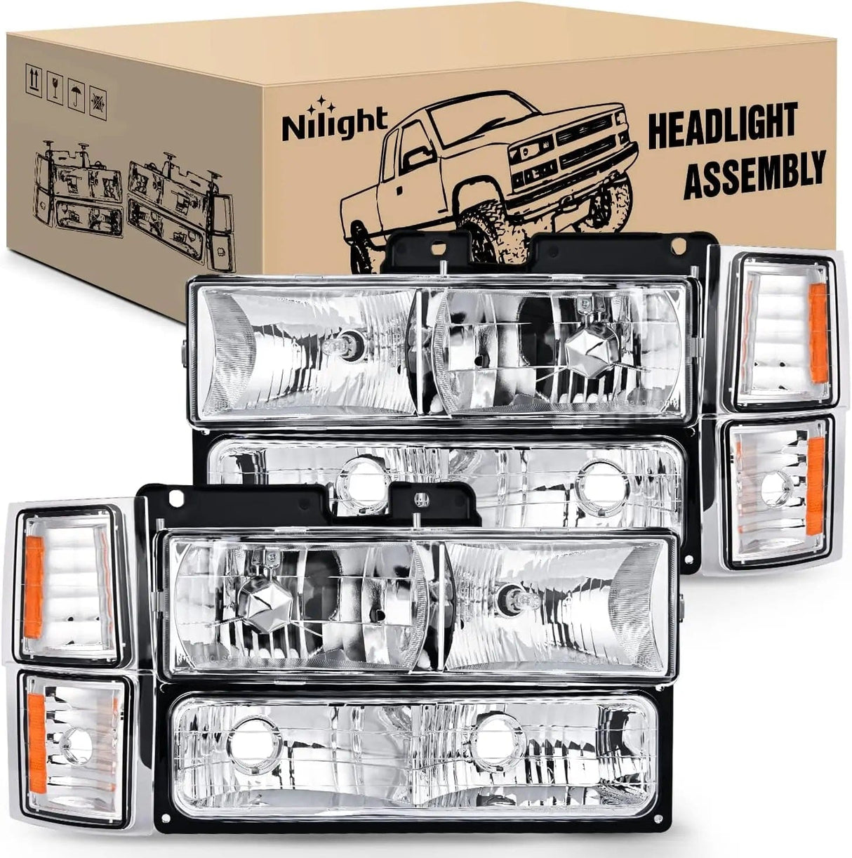 LED Headlight 1994 1995 1996 1997 1998 Chevy Silverado Tahoe Suburban C10 C/K 1500 2500 3500 Headlight Assembly Chrome Case Amber Reflector