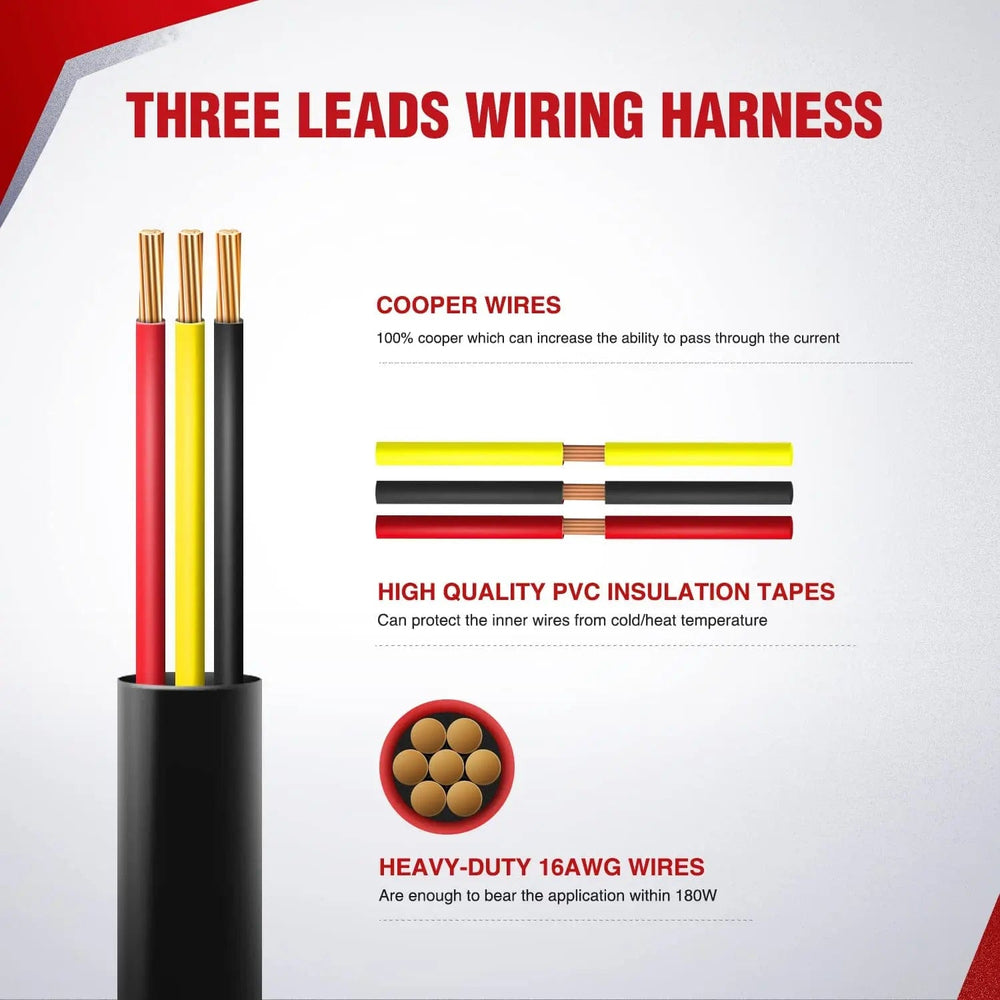 Wiring Harness Kit 2PCS 16AWG 10FT Wire Extension Kit 3 Leads For Amber White LED Light Bar/Led Pods/LED Work Light