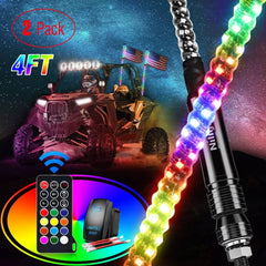 2Pcs 4FT Spiral Antenna Led Whip Light RF Remote Control | 8.6FT Wire 5Pin Switch