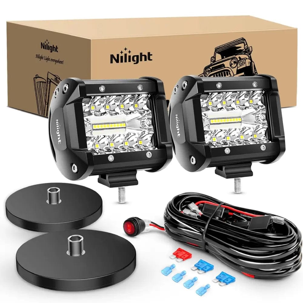 LED Light Bar 4 Inch 60W Triple Row Spot Flood LED Pods (Pair) W/ Magnetic Base | 16AWG Wire 3Pin Switch