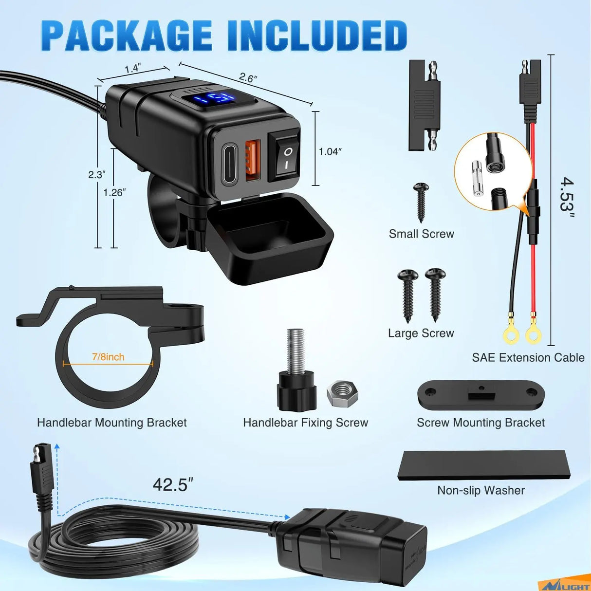 Motorcycle Charger USB Type C 12V Voltmeter On Off Switch Nilight