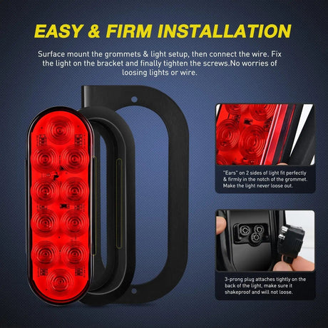 Tail Brake Turn Reverse Lights 6 Inch Oval Red Tail Lights w/ Mount Bracket (Pair)
