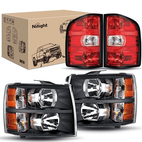 Headlight Assembly Headlight and Taillight Assembly Compatible with 2007 2008 2009 2010 2011 2012 2013 Silverado 1500 2007-2014 Silverado 2500HD 3500HD Black Housing Amber Reflector with Red Housing Tail Light