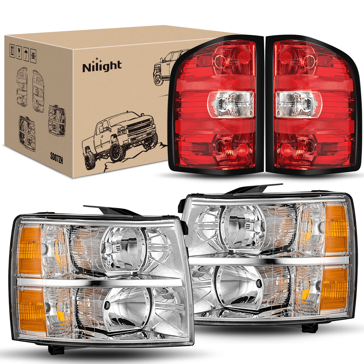 Headlight Assembly Headlight and Taillight Assembly Compatible with 2007 2008 2009 2010 2011 2012 2013 Silverado 1500 2007-2014 Silverado 2500HD 3500HD Chrome Housing Amber Reflector with Red Housing Tail Light
