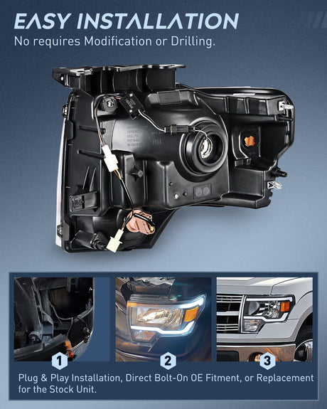 Headlight Assembly 2009 2010 2011 2012 2013 2014 Ford F150 Headlight Assembly Black Case Amber Reflector Clear Lens