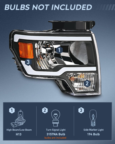 Headlight Assembly 2009 2010 2011 2012 2013 2014 Ford F150 Headlight Assembly Black Case Amber Reflector Clear Lens