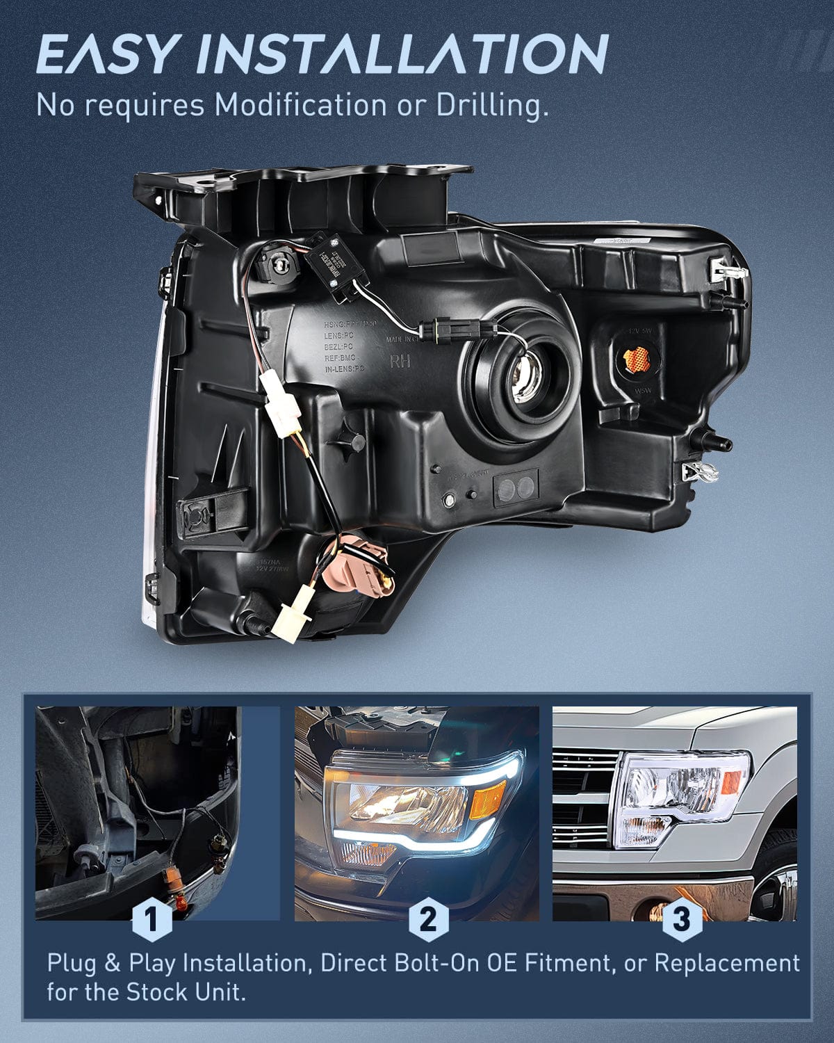 Headlight Assembly 2009 2010 2011 2012 2013 2014 Ford F150 Headlight Assembly Chrome Case Clear Reflector Clear Lens