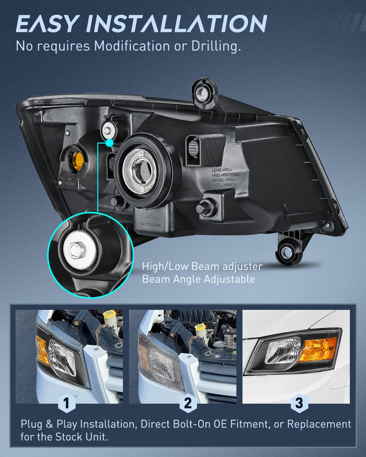 Headlight Assembly 2008 2009 2010 Dodge Grand Caravan Headlight Assembly Black Case Amber Reflector