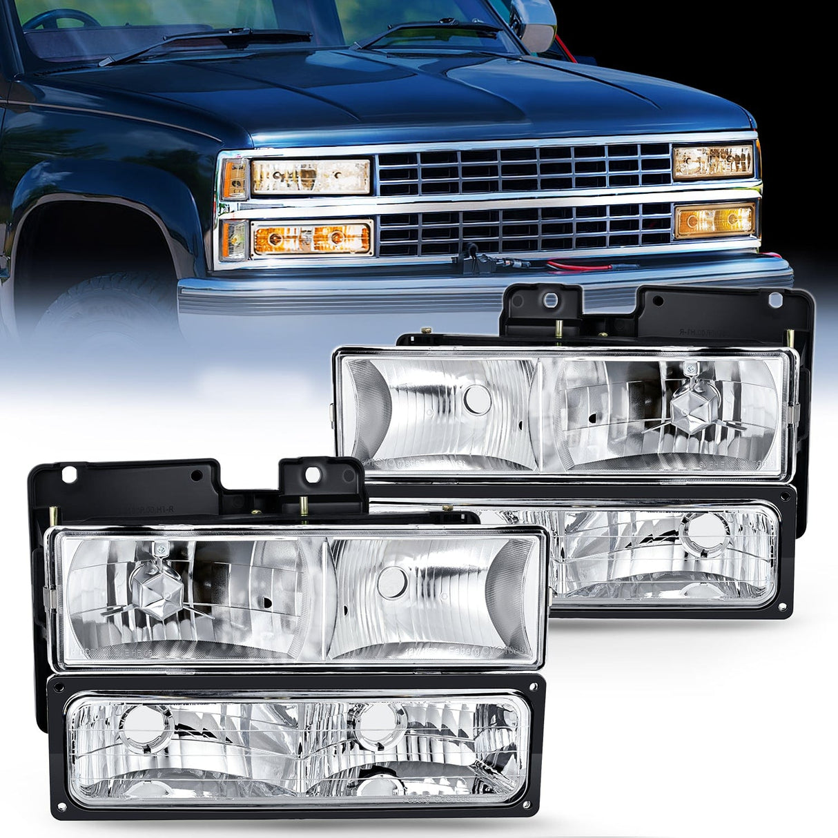 Headlight Assembly 1988 1989 1990 1991 1992 1993 1994 1995 1996 1997 Chevrolet GMC C10 C/K 1988-1999 Silverado Suburban Sierra Blazer Tahoe Yukon Headlight Assembly Chrome Housing