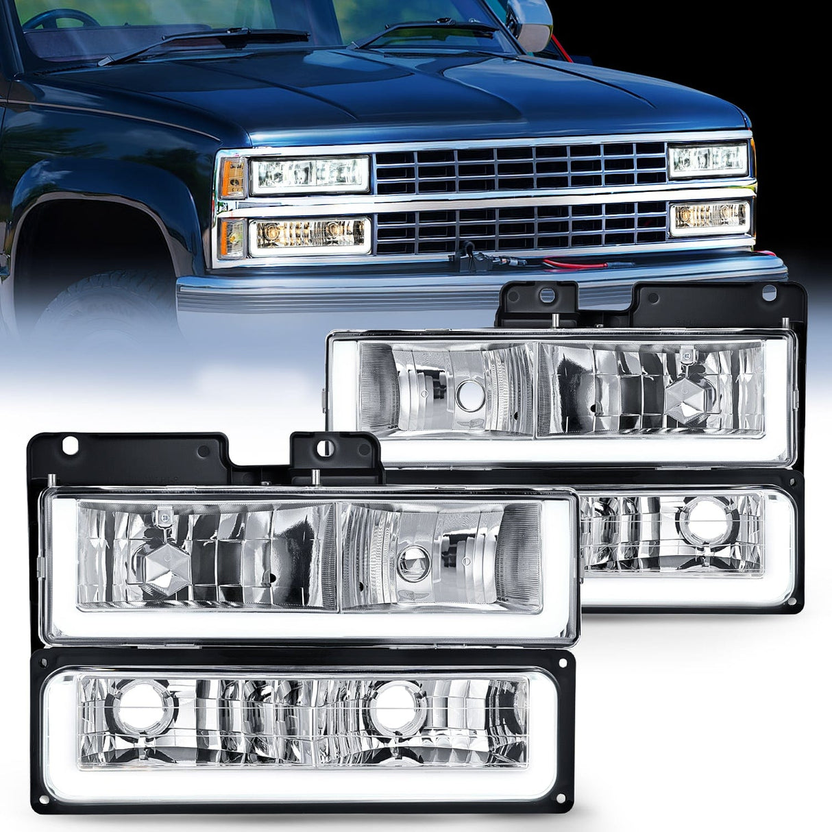 Headlight Assembly 1988 1989 1990 1991 1992 1993 1994 1995 1996 1997 Chevrolet GMC C10 C/K 1988-1999 Silverado Suburban Sierra Blazer Tahoe Yukon DRL Headlight Assembly Chrome Case