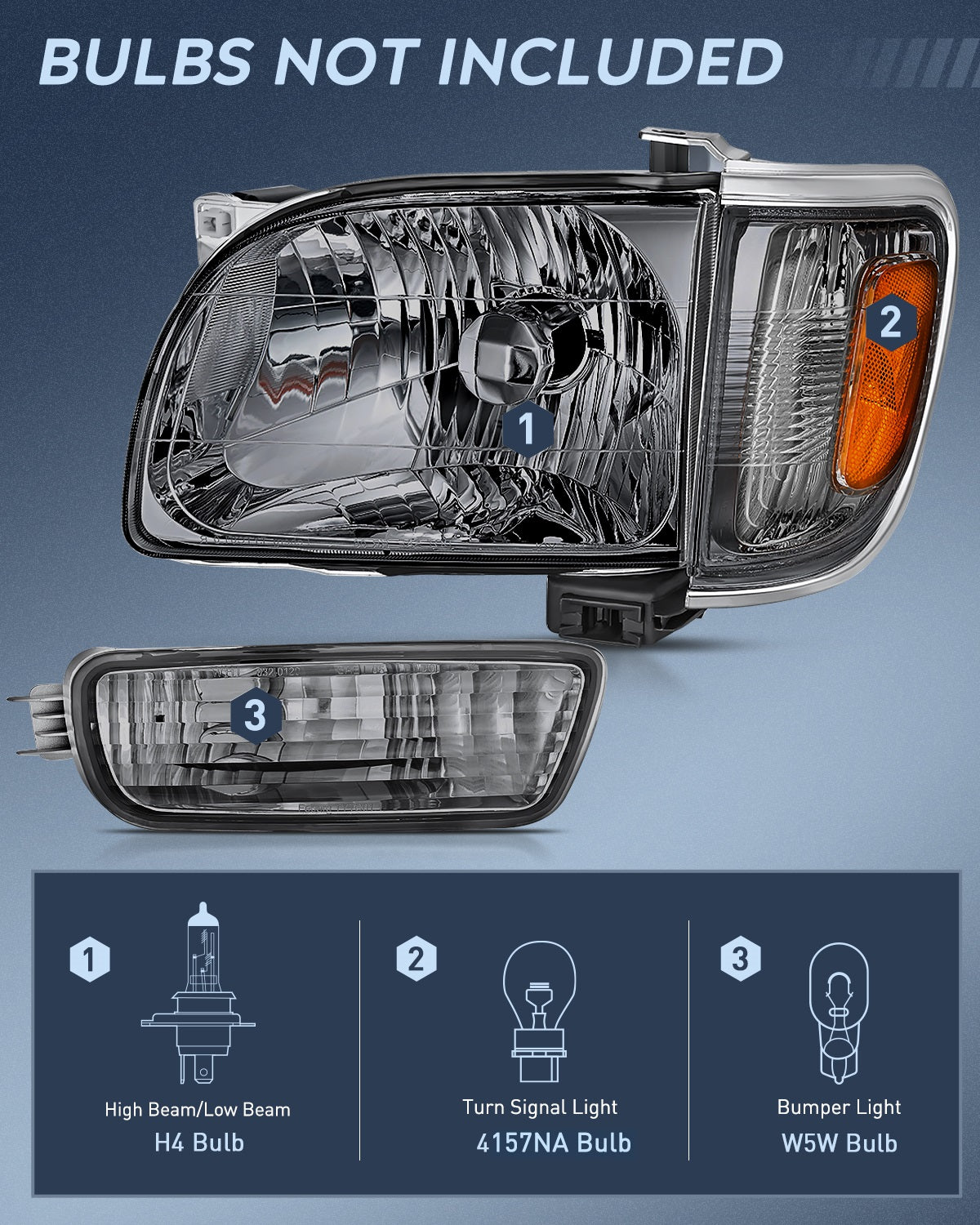Headlight Assembly for 2001 2002 2003 2004 Toyota Tacoma Replacement Headlamp Chrome Housing Amber Reflector Smoke Lens Driver and Passenger Side