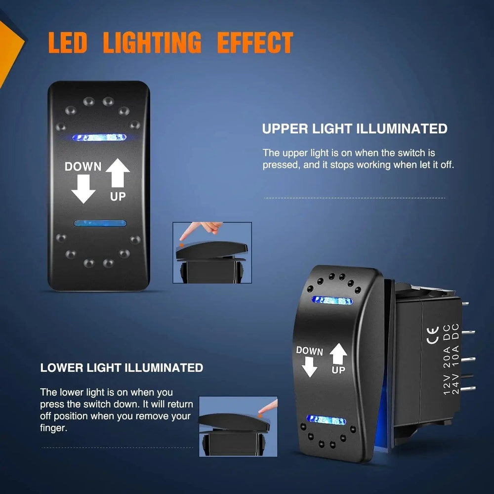 Rocker Switch 7Pin DPDT On/Off Momentary Down Up Rocker Switch Blue