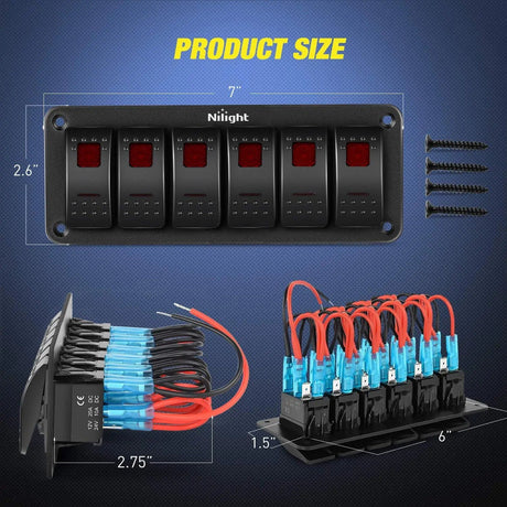 Rocker Switch 6Gang Aluminum 5Pin ON/Off Red Rocker Switch Panel