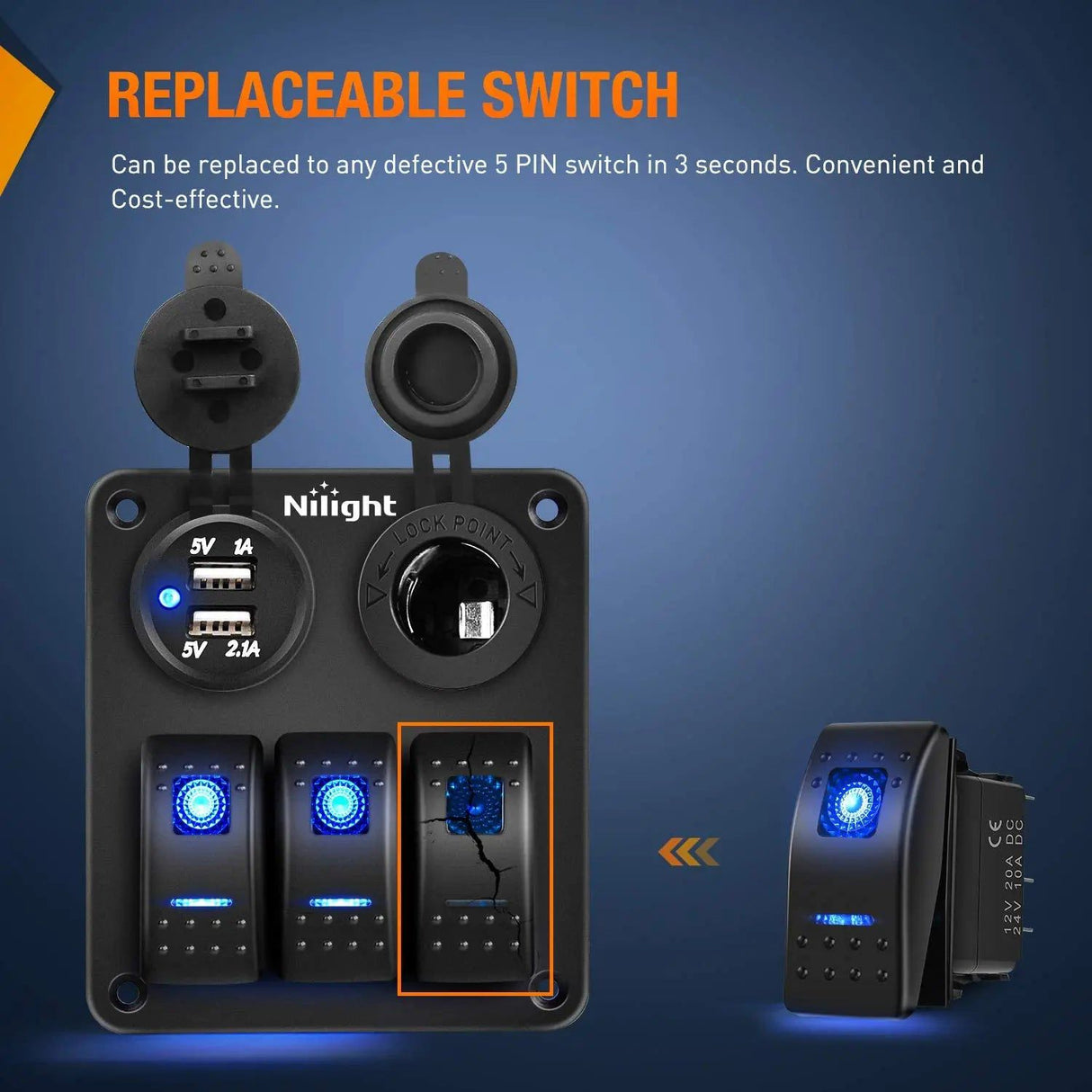 Rocker Switch 6Pcs 5Pin SPST On/Off Rocker Switch Blue