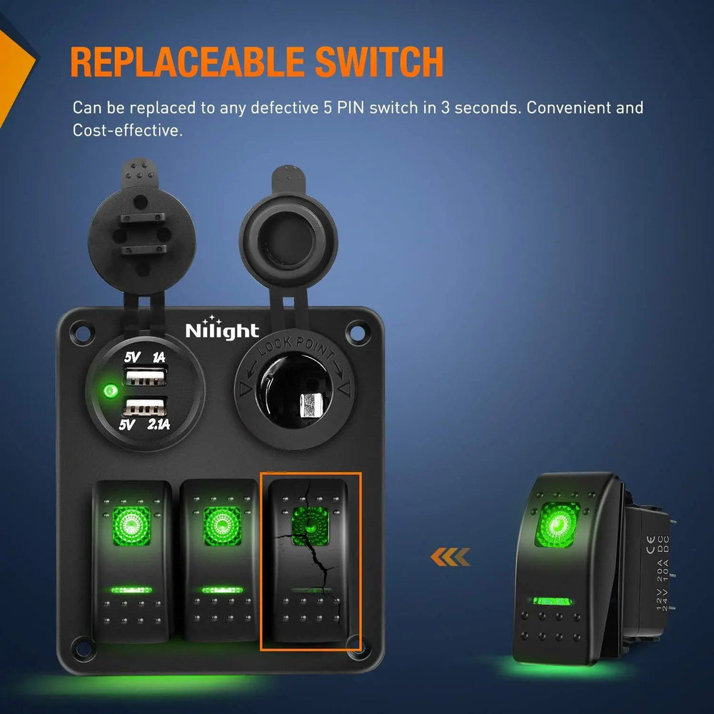 Rocker Switch 6Pcs 5Pin SPST On/Off Rocker Switch Green