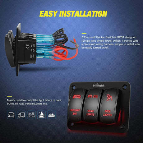 Rocker Switch 3Gang Led Light Bar/Rear Lights/Rock Lights 5Pin ON/Off Rocker Switch Panel Red