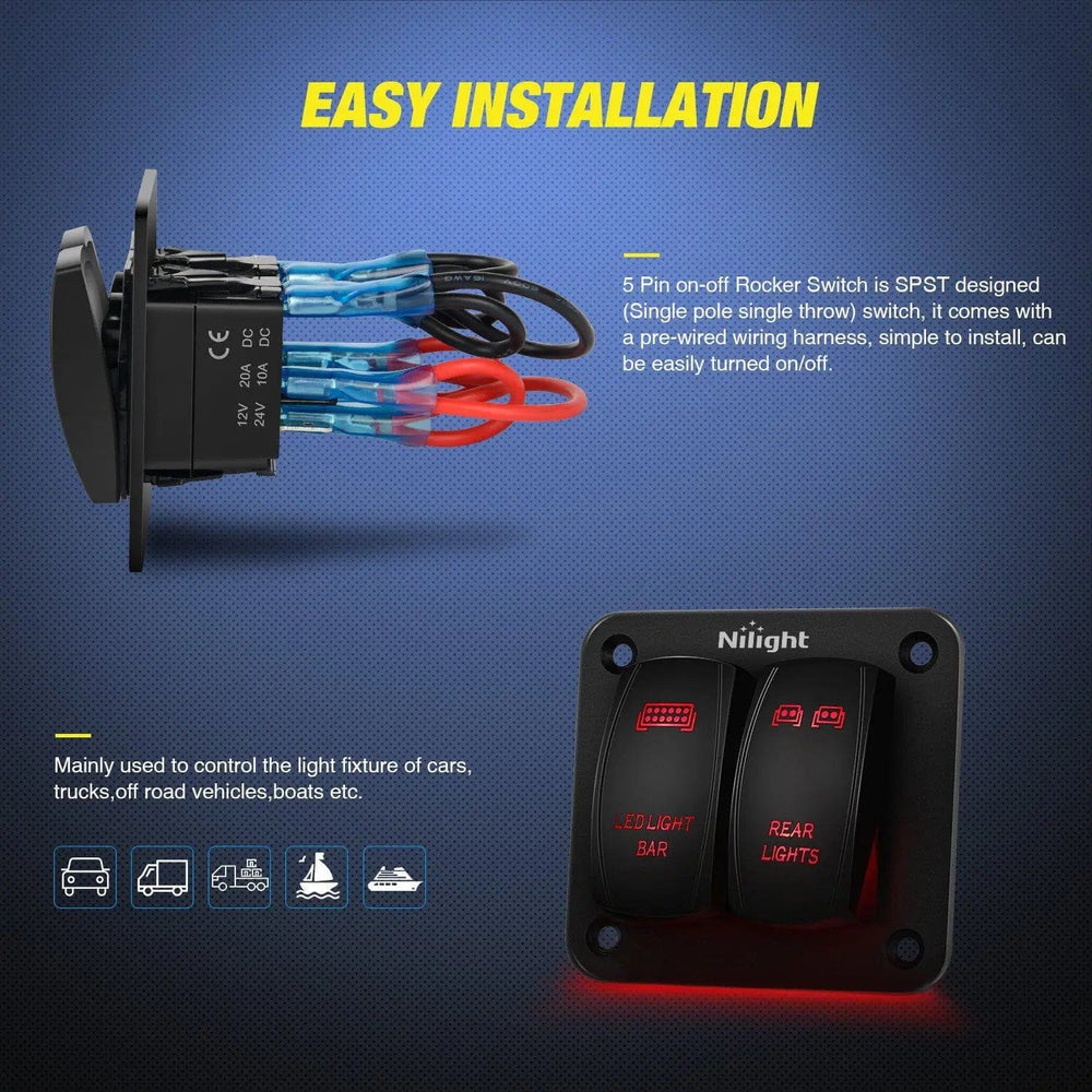 Rocker Switch 2Gang Led Light Bar and Rear Lights 5Pin ON/Off Rocker Switch Panel Red