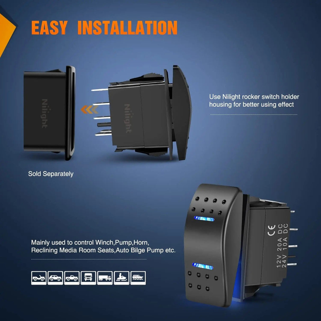 Rocker Switch 7Pin DPDT On/Off Winch Pump Rocker Switch Blue