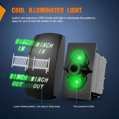 Vehicle Parts & Accessories 7Pin DPDT On/Off Winch in Out Rocker Switch Green