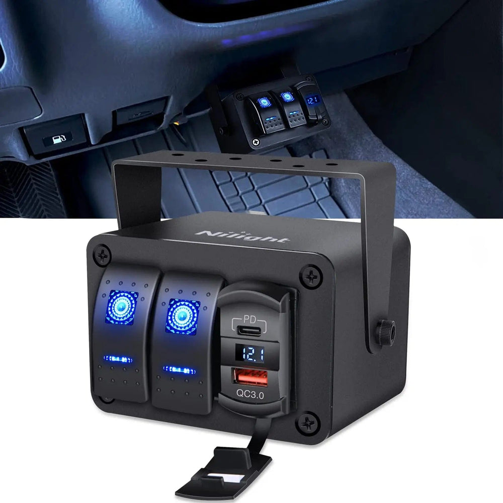 Rocker Switch 2Gang Blue Rocker Switch Box w/ PD Type C | QC 3.0 USB Charger Voltmeter