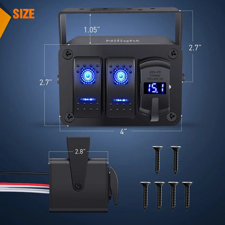 2Gang Blue Rocker Switch Box w/ PD Type C | QC 3.0 USB Charger Voltmeter Nilight