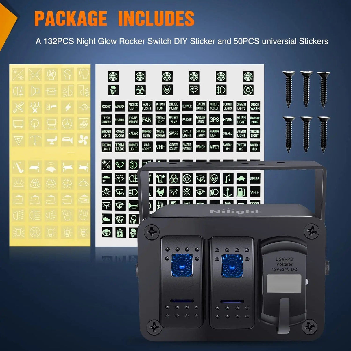 Rocker Switch 2Gang Blue Rocker Switch Box w/ PD Type C | QC 3.0 USB Charger Voltmeter