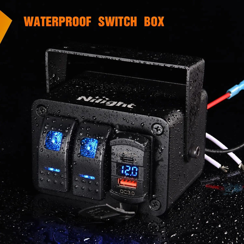 Rocker Switch 2Gang Blue Rocker Switch Box w/ PD Type C | QC 3.0 USB Charger Voltmeter