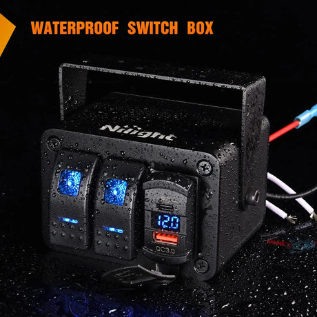 2Gang Blue Rocker Switch Box w/ PD Type C | QC 3.0 USB Charger Voltmeter Nilight