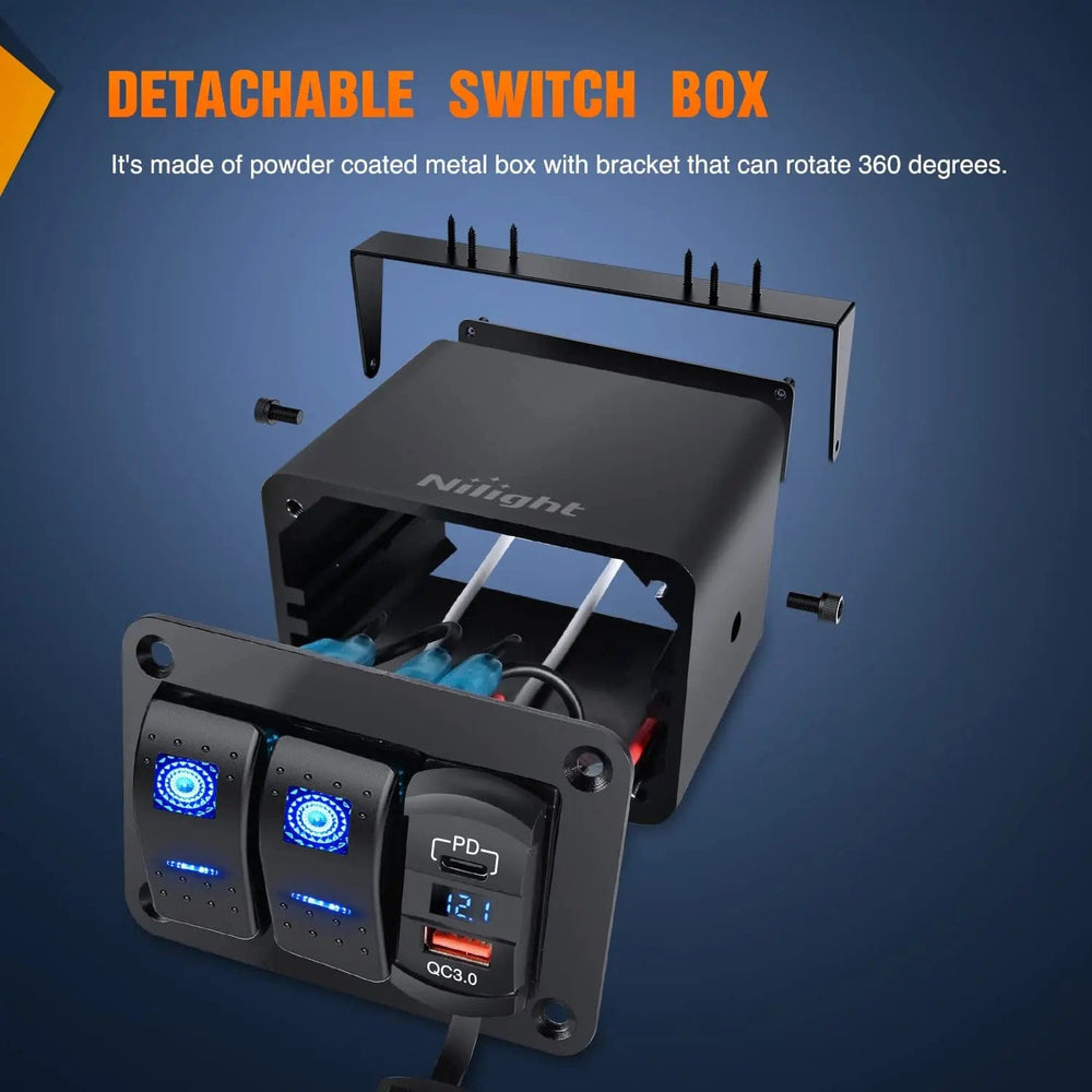 Rocker Switch 2Gang Blue Rocker Switch Box w/ PD Type C | QC 3.0 USB Charger Voltmeter