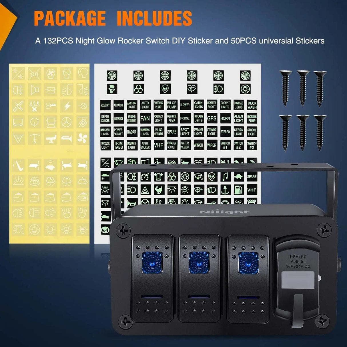 Rocker Switch 3Gang Blue Rocker Switch Box w/ PD Type C | QC 3.0 USB Charger Voltmeter