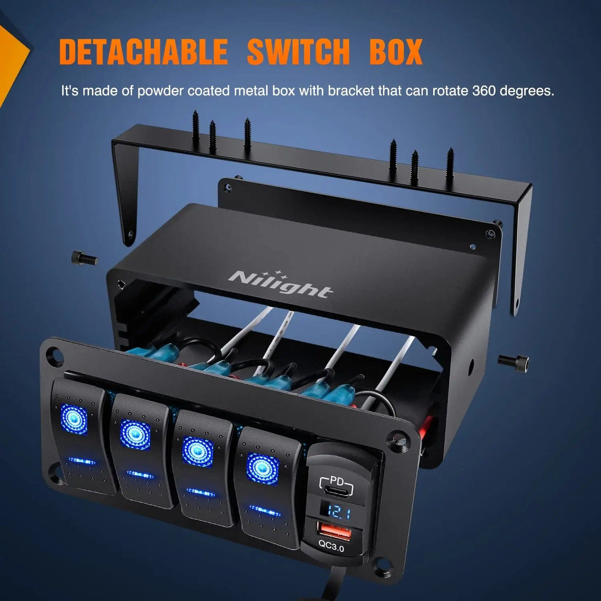 Rocker Switch 4Gang Blue Rocker Switch Box w/ PD Type C | QC 3.0 USB Charger Voltmeter