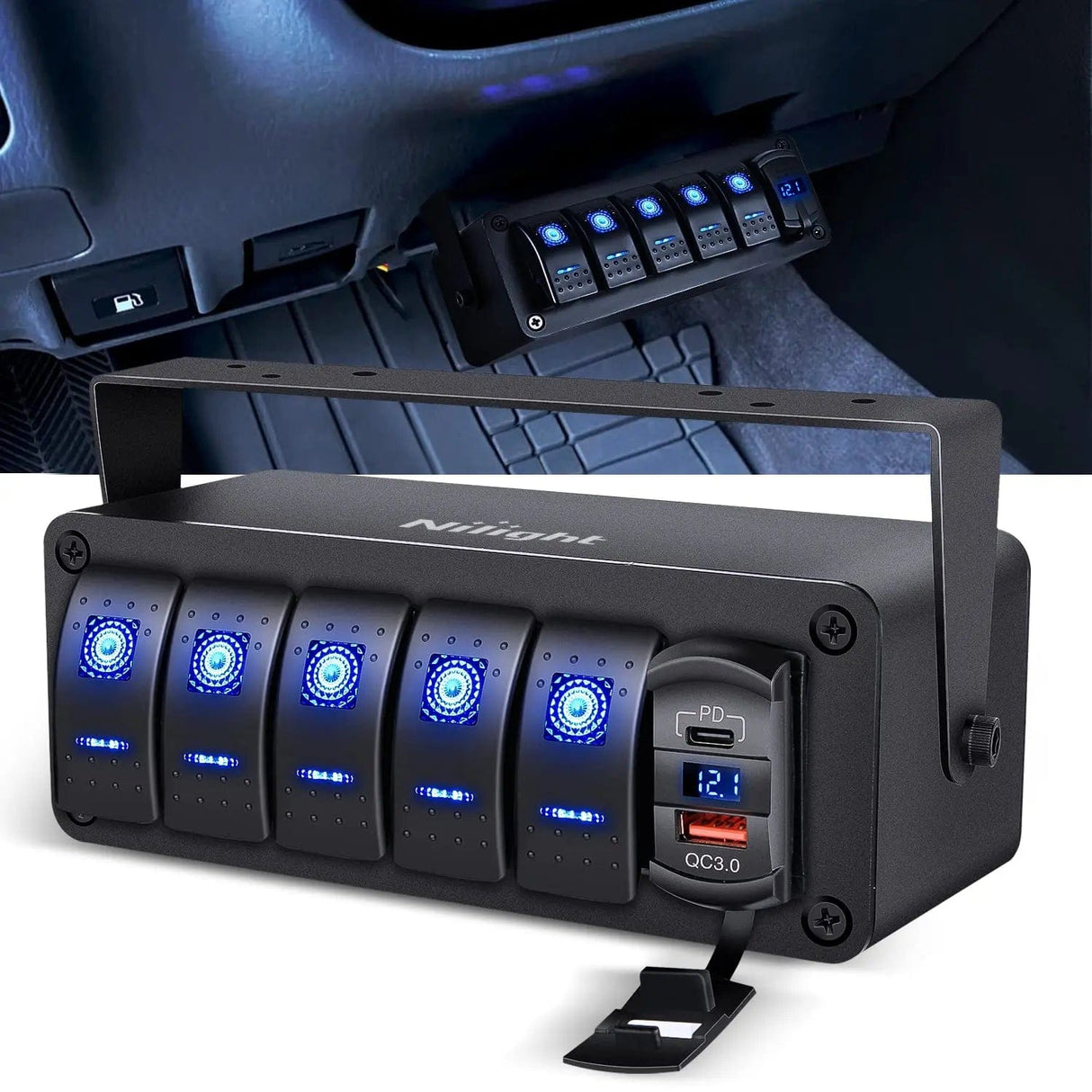 Rocker Switch 5Gang Rocker Switch Box w/ PD Type C | QC 3.0 USB Charger Voltmeter